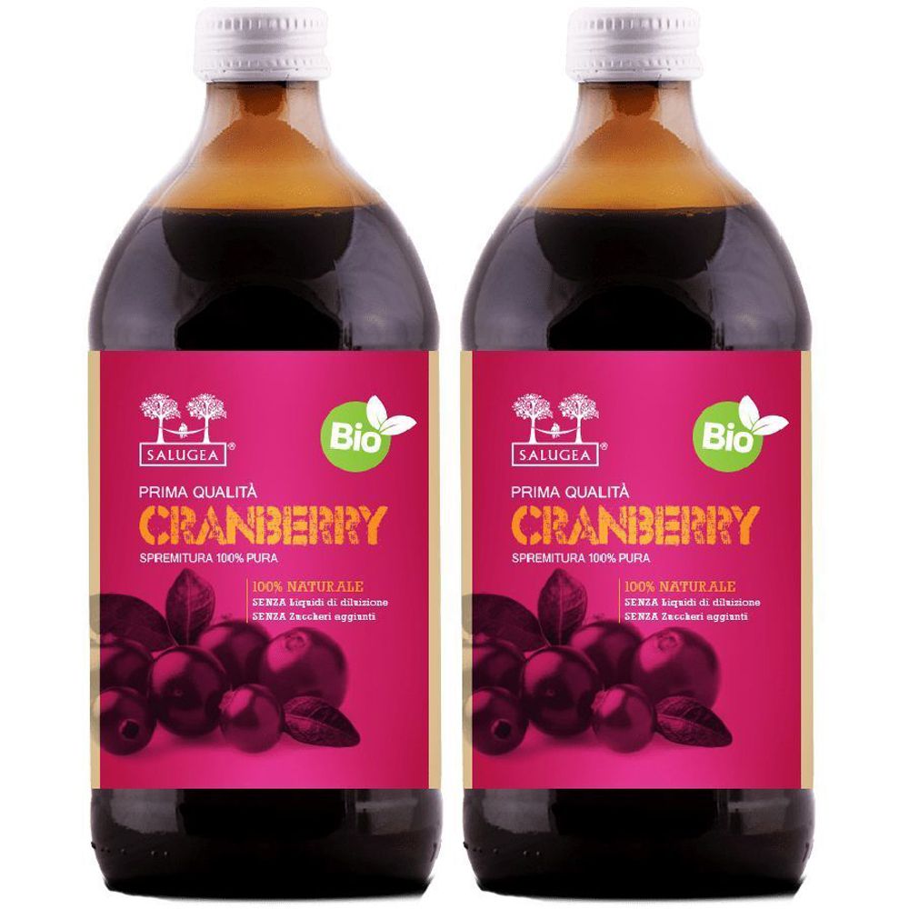 Zwei Flaschen Cranberry-Saft mit Etiketten. Aufschrift: Salugea, Bio, Cranberry, 100% Natur. Flaschen mit weißem Deckel.