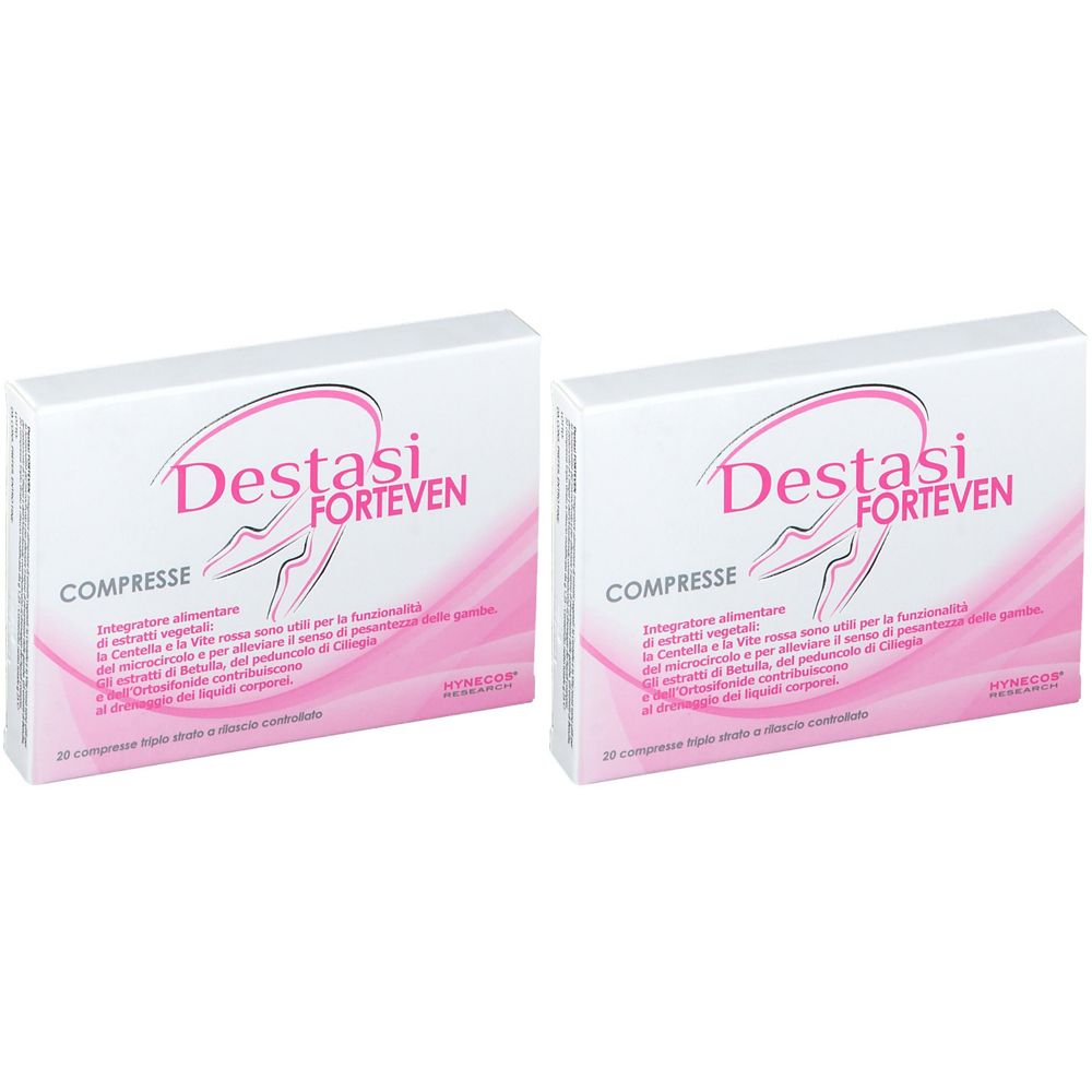 Deux boîtes de "Destasi Forteven Compresse". Emballage rose et blanc avec texte et logo. "Compresse" est écrit sur le devant.
