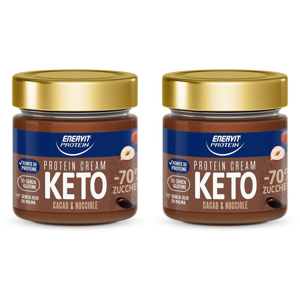 Deux pots de crème protéinée Keto avec couvercles dorés. Inscription : Enervit Protein, Keto, -70% de sucre, Cacao & Nocciole. Sans gluten, sans huile de palme.