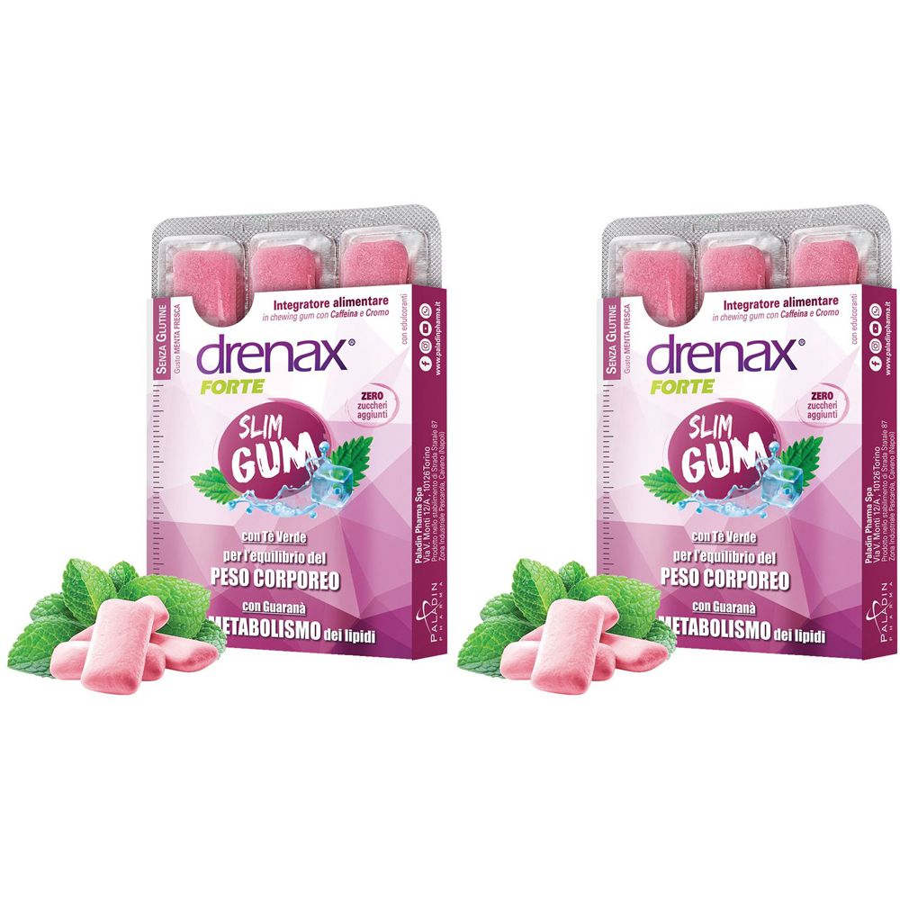 Zwei Packungen Drenax Slim Gum. Jede Packung enthält Kaugummis und ist mit Minze verziert. Text: Slim Gum, Forte.