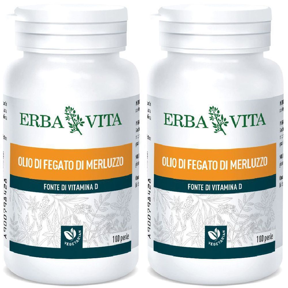 Zwei weiße Flaschen mit Etiketten. Aufschrift: ERBA VITA, Olio di Fegato di Merluzzo, Fonte di Vitamina D. 100 perle.