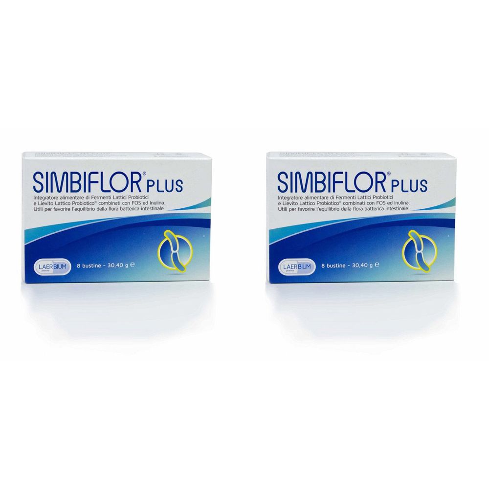 Zwei Schachteln Simbiflor Plus. Weiße Verpackung mit blauer und grüner Grafik. Text: Simbiflor Plus, 8 Beutel, 30,40 g.