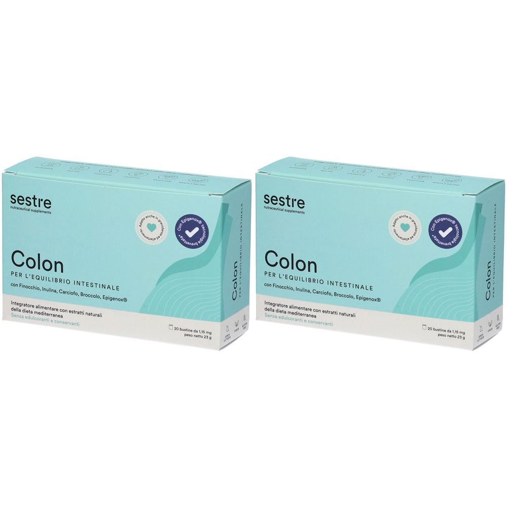 Zwei hellblaue Kartons mit der Aufschrift "sestre Colon". Aufschrift in italienischer Sprache. Mit Logo und Siegel.