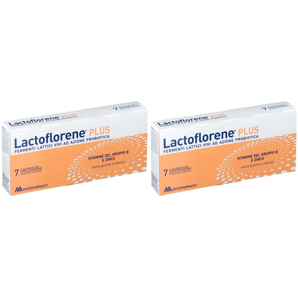 Zwei Schachteln Lactoflorene® Plus. Aufdruck: Fermenti Lattici Vivi ad Azione Probiotica, Vitamine del Gruppo B e Zinco. 7 Fläschchen.