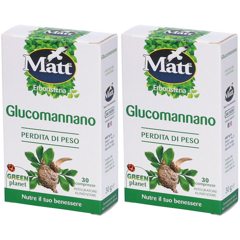 Deux boîtes de "Matt Glucomannano". Inscription "Perdita di Peso". Contient 30 comprimés. Emballage vert et blanc.