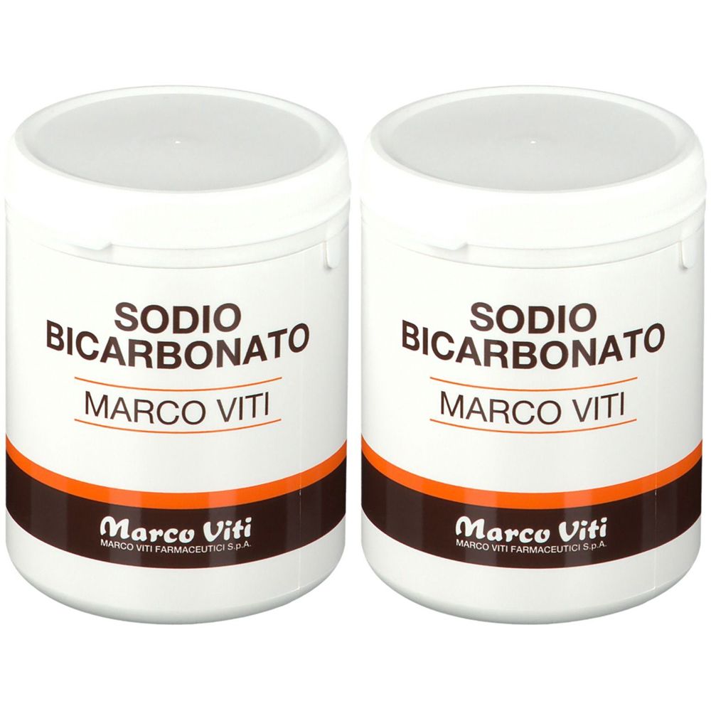 Deux pots blancs avec couvercles. Inscription : SODIO BICARBONATO, MARCO VITI. Bande orange avec logo. Nom du produit et marque visibles.