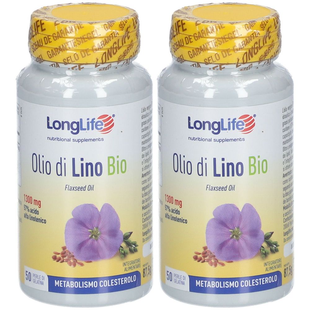 Zwei Flaschen mit Etiketten. Aufschrift: LongLife Olio di Lino Bio. Mit Blüten- und Samenabbildung. Gelber Verschluss.