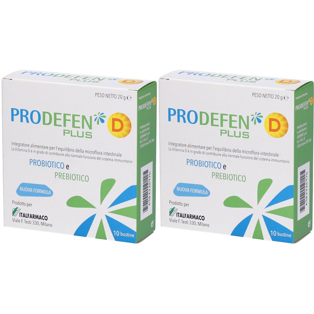 Deux boîtes de Prodefen D Plus. Emballage blanc avec graphiques bleus et verts. Texte : Probiotico e Prebiotico, 10 Bustine.