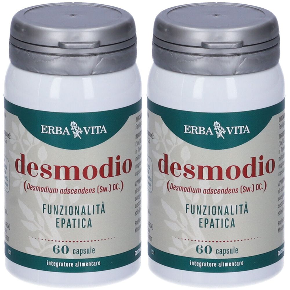 Deux flacons blancs avec couvercles argentés. Inscription: ERBA VITA, desmodio, 60 capsule, Integratore alimentare. Étiquettes vertes et blanches.