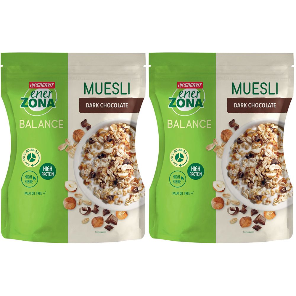 Deux sachets de muesli. Inscription: ENERVIT EnerZona Balance, Muesli Dark Chocolate. Avec High Protein et High Fibre.
