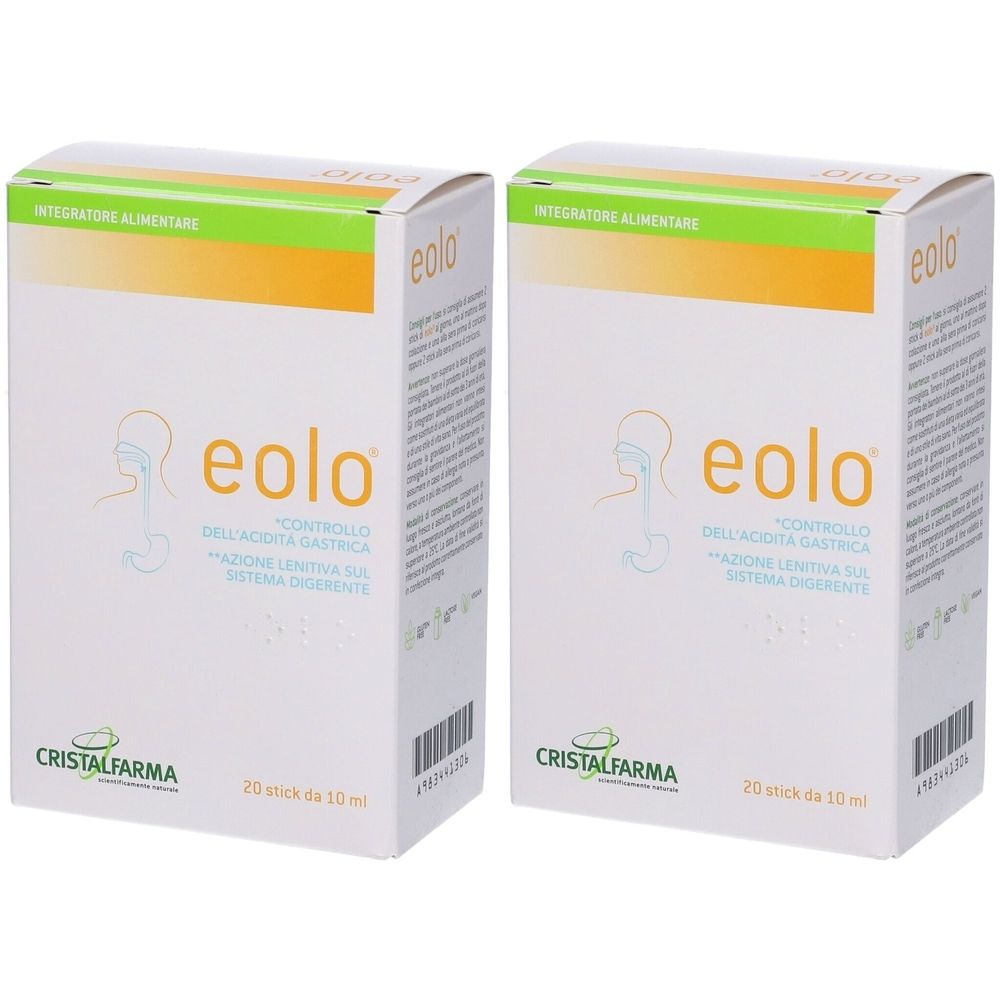 Zwei weiße Kartons mit "eolo"-Logo und Text. "Cristalfarma"-Logo und "20 stick da 10 ml" Text.