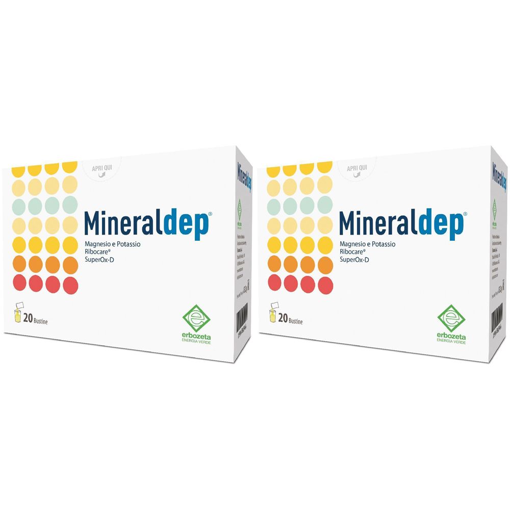 Zwei weiße Kartons mit der Aufschrift "Mineraldep". Auf jedem Karton sind 20 Beutel abgebildet. Grün-gelbe Kreise zieren die Vorderseite.