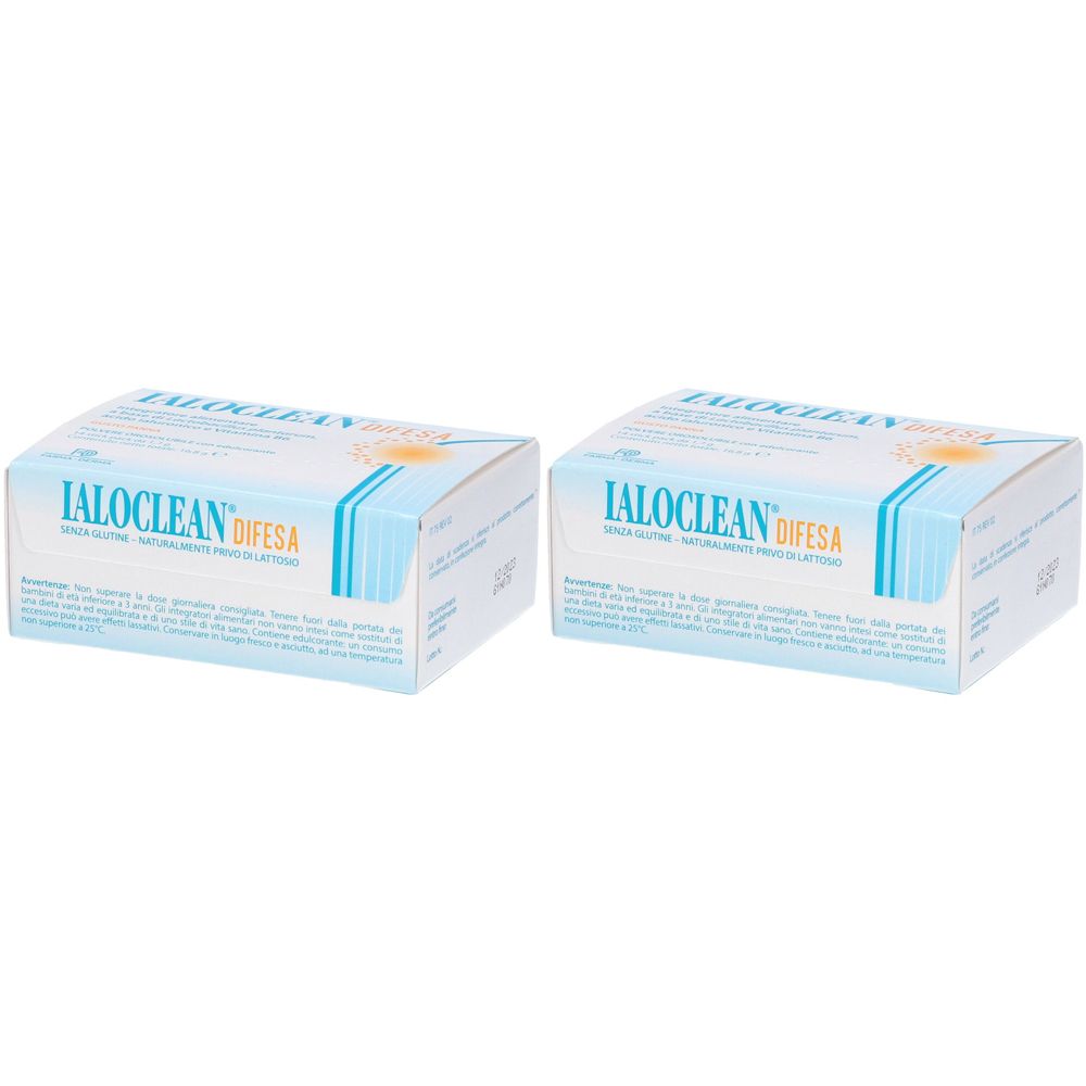 Deux boîtes rectangulaires IALOCLEAN DIFESA. Emballage turquoise et blanc avec informations produit.