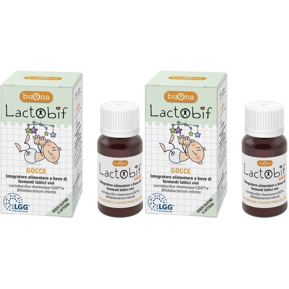 Trois flacons et deux boîtes de Lactobif. Lactobif est écrit sur les flacons et les boîtes. Un bébé est représenté sur les boîtes.