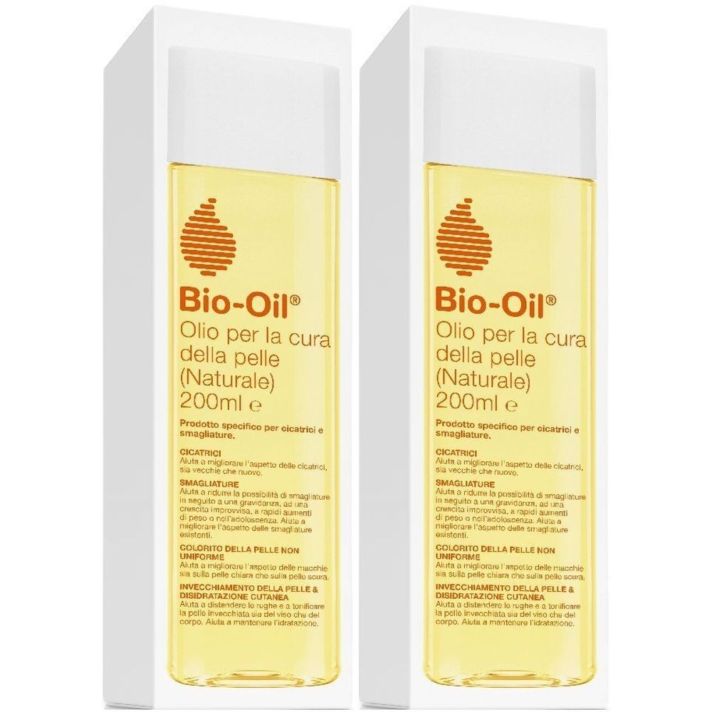 Deux flacons de Bio-Oil® huile de soin de la peau dans un emballage blanc. Le nom du produit et les informations sont visibles.