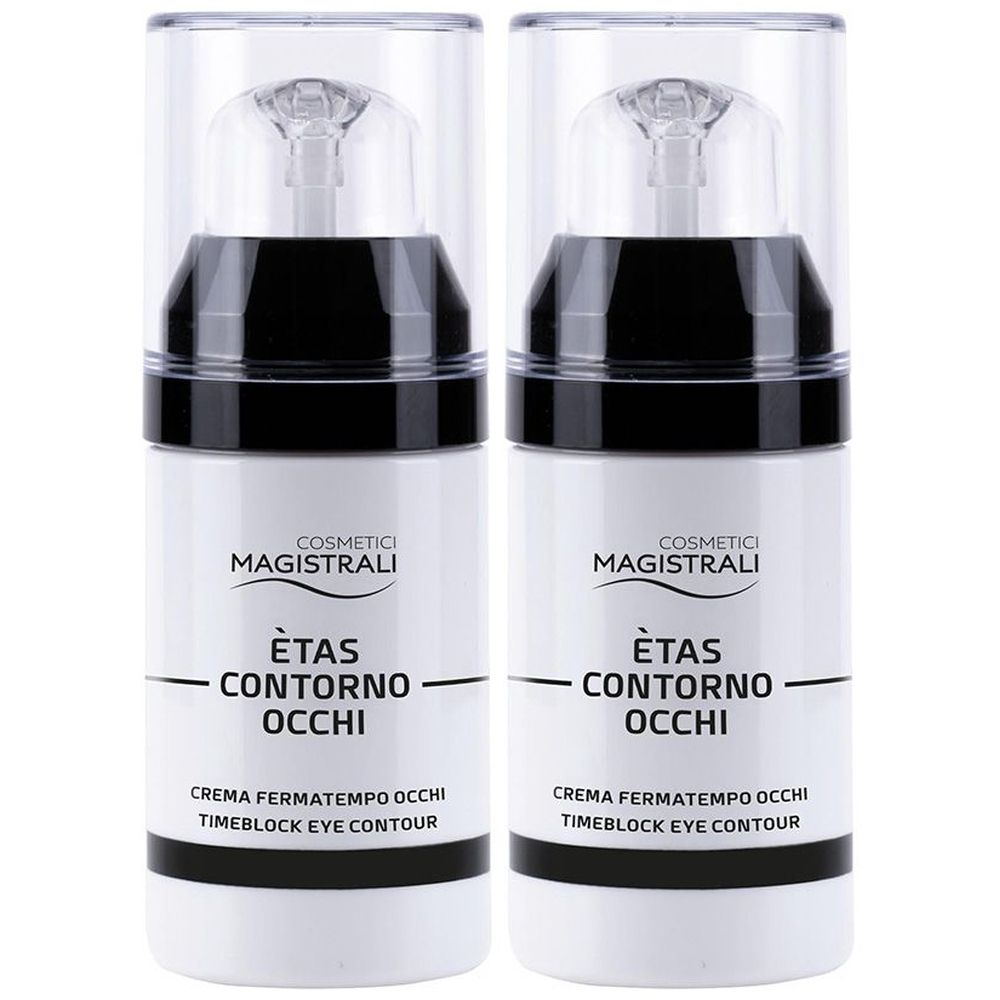 Zwei weiße Flaschen mit schwarzem Deckel und durchsichtigem Verschluss. Aufschrift: Cosmetici Magistrali, Ètas Contorno Occhi, Timeblock Eye Contour.