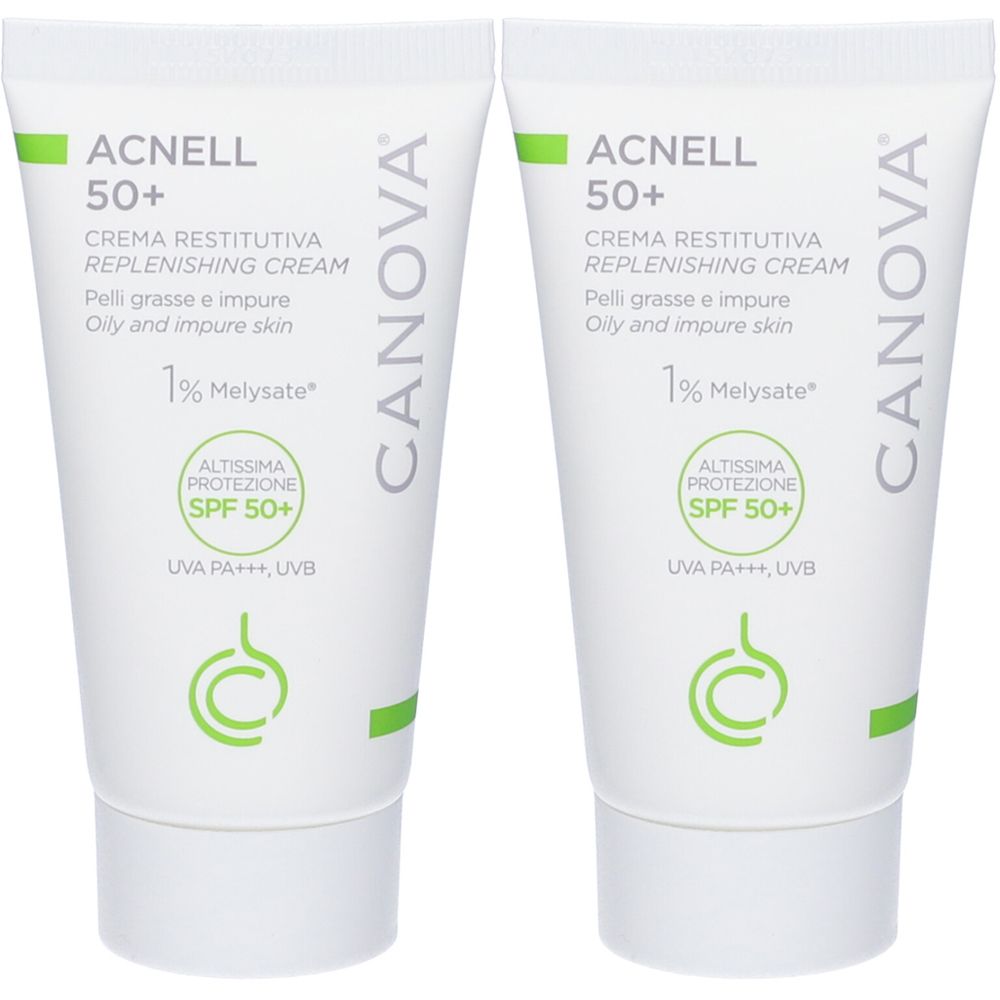 Zwei Tuben Creme-Gel. Aufschrift ACNELL 50+, CREMA RESTITUTIVA REPLENISHING CREAM, CANOVA. Für fettige, unreine Haut. SPF 50+.