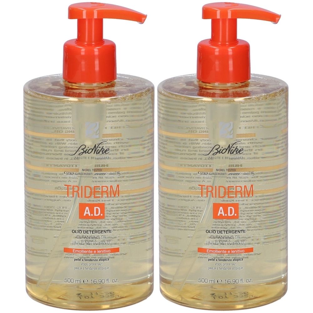 Deux flacons avec pompes oranges. Inscription: Triderm A.D. Olio Detergente. Marque: Bionike.