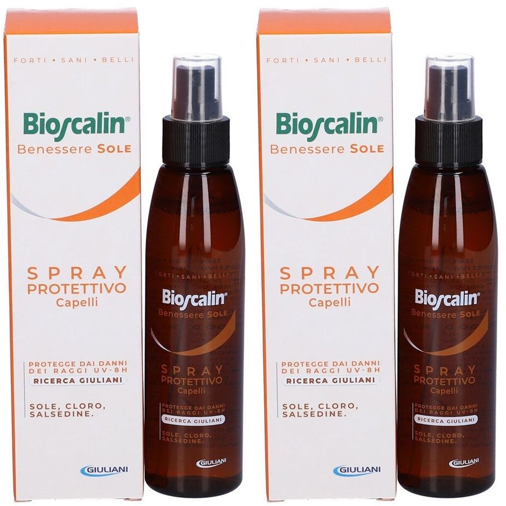 Deux flacons de spray capillaire Bioscalin Benessere Sole. Emballage avec texte. Protection contre les rayons UV-B. Marque Giuliani.