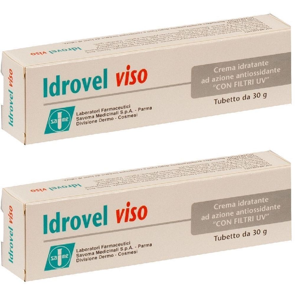 Zwei Schachteln Idrovel viso. Aufschrift: Creme idratante ad azione antiossidante "CON FILTRI UV". Tubetto da 30 g.