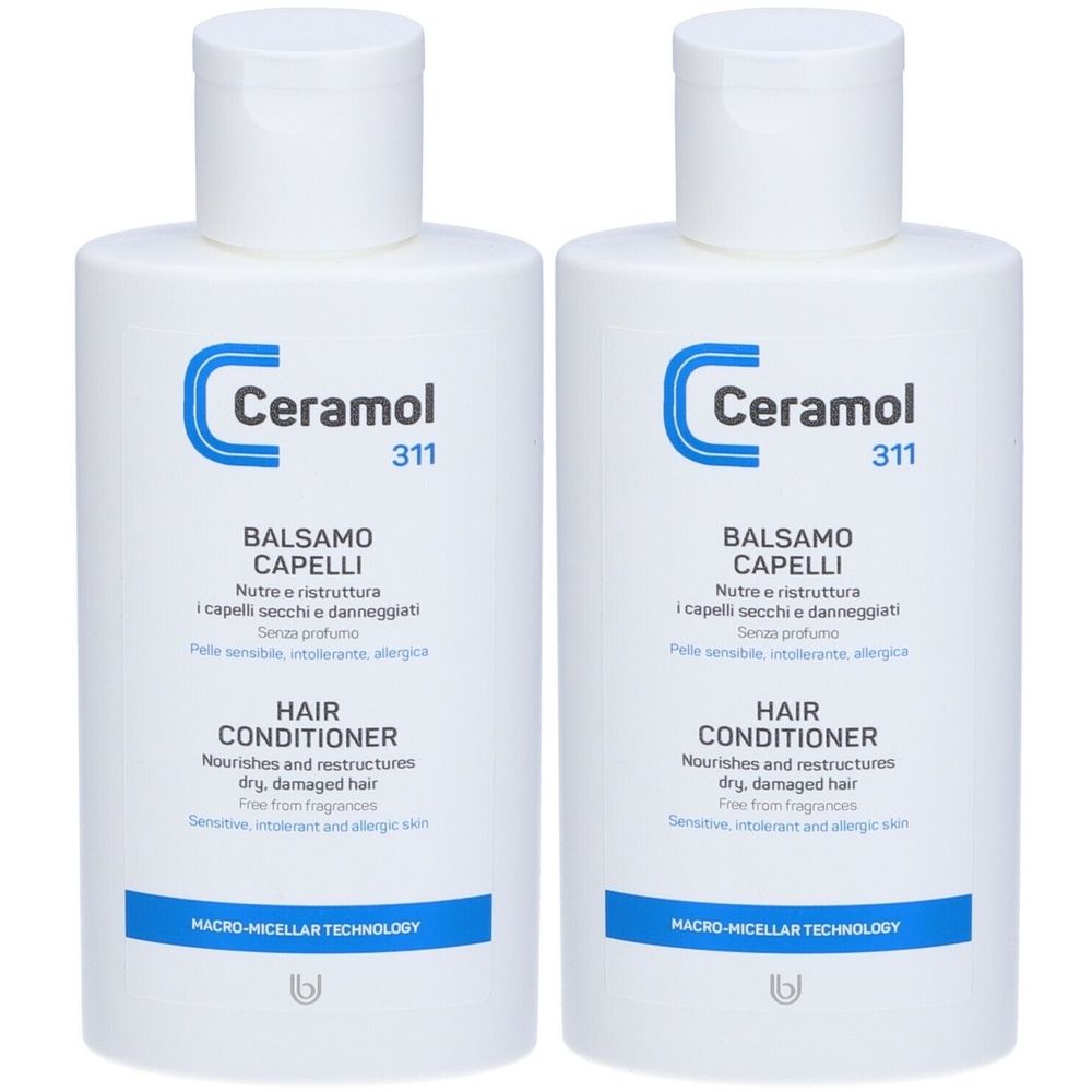 Deux flacons blancs avec logo bleu Ceramol et texte. Texte: Balsamo Capelli, Hair Conditioner. Pour cheveux secs et abîmés.