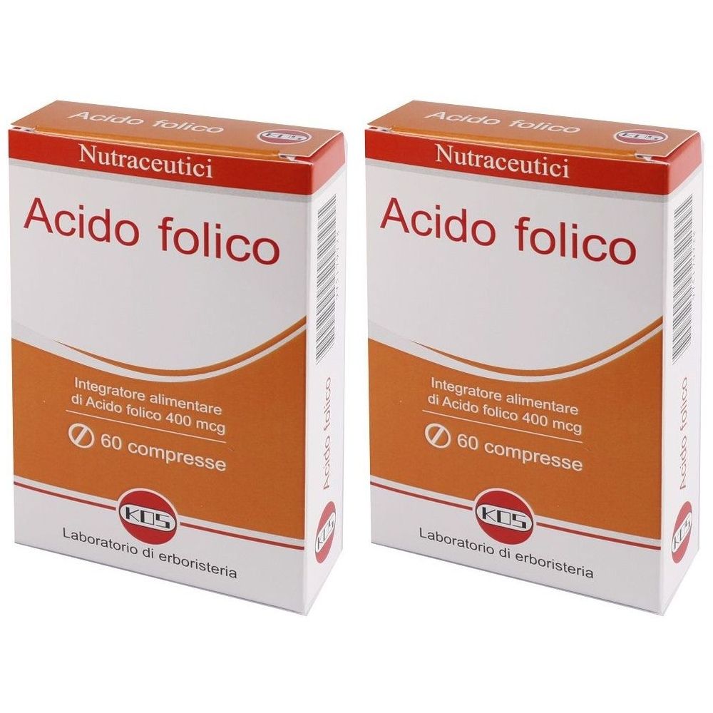 Deux boîtes "Acido folico". Inscription "Integratore alimentare di Acido folico 400 mcg 60 compresse". Marque KOS.
