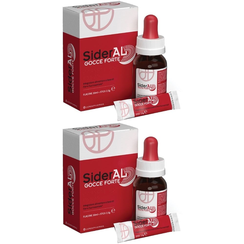 Zwei Sets SiderAL Gocce Forte. Jedes Set enthält eine Flasche mit Tropfer, eine Ampulle und eine Schachtel mit roter Schrift.