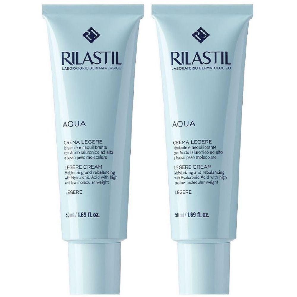 Zwei Tuben Rilastil Aqua Creme Legere. Hellblaue Tuben mit weißer Schrift. Aufschrift: Aqua, Creme Legere, Legere Cream, 50 ml.