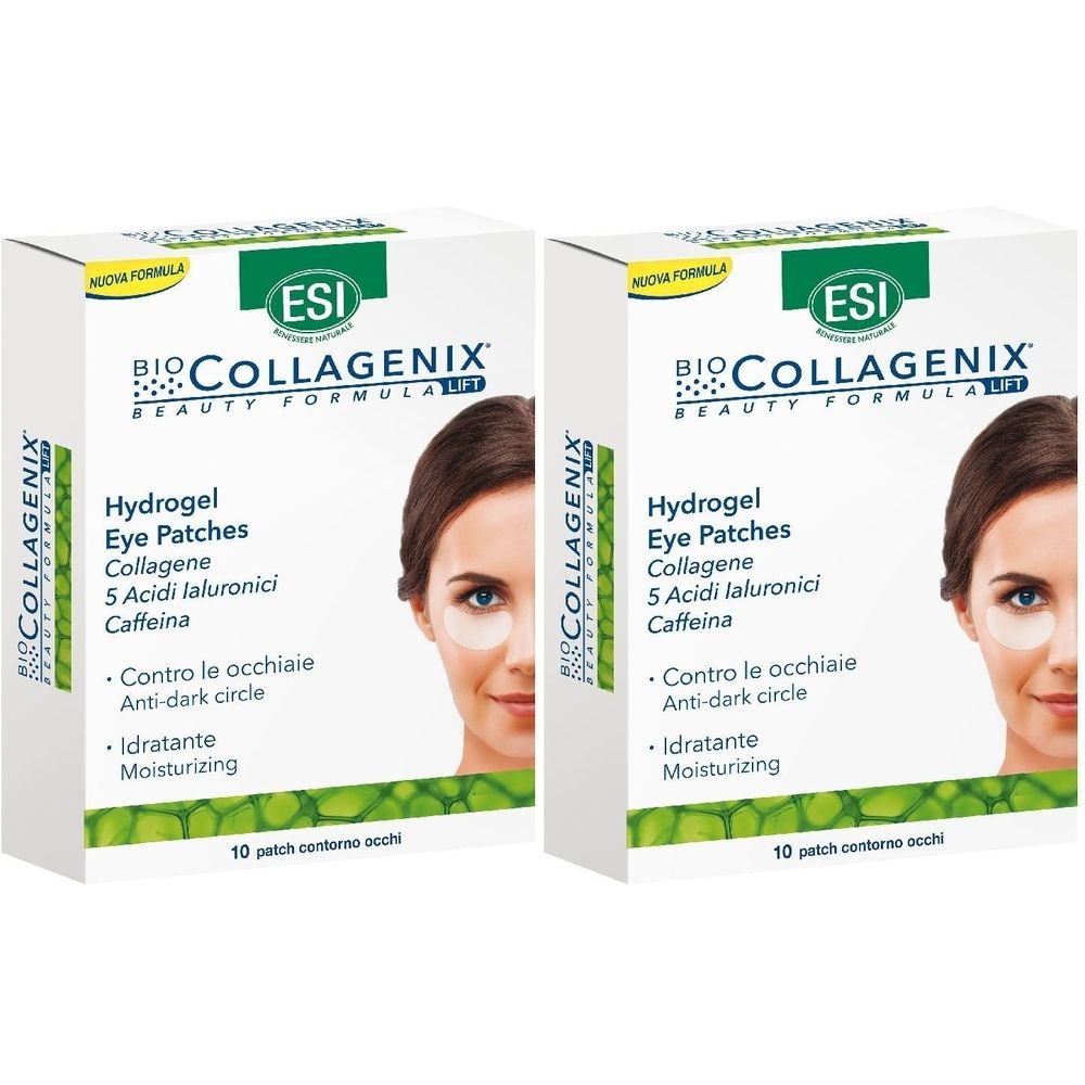 Deux boîtes de patchs pour les yeux ESI Biocollagenix®. Inscription : Hydrogel Eye Patches, Collagène, 5 Acidi ialuronici, Caffeina. Image d'une femme avec des patchs.