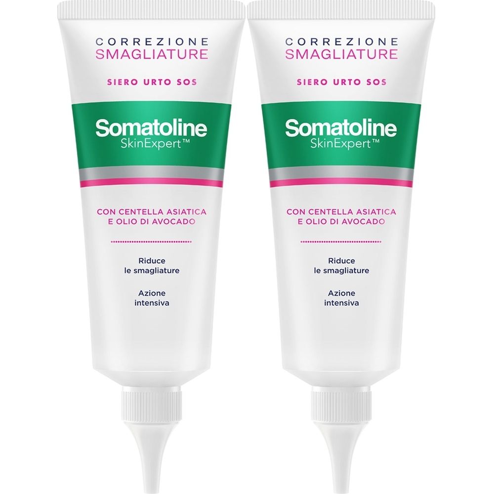 Zwei Tuben mit weißem Hintergrund. Auf jeder Tube steht "CORREZIONE SMAGLIATURE" und "Somatoline SkinExpert".