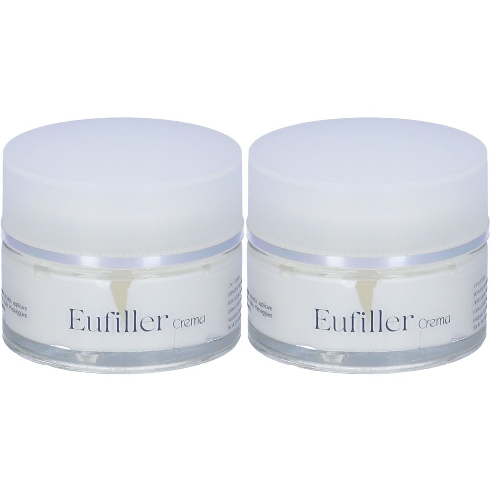 Zwei Cremetiegel mit weißen Deckeln. Auf den Tiegeln steht "Eufiller Crema".