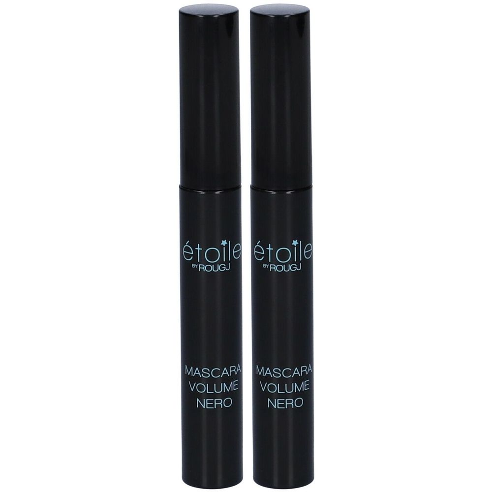 Deux tubes de mascara noirs. Chaque tube porte l'inscription « étoile by ROUGJ » et « Mascara Volume Nero ».