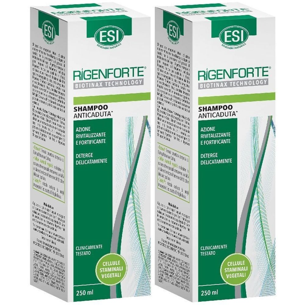Deux boîtes de shampooing ESI Rigenforte Anticaduta. Blanc avec des accents verts. Texte : Shampooing Anticaduta, 250 ml.