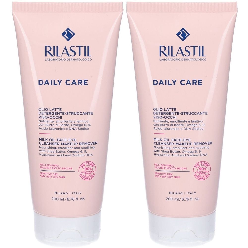 Zwei rosa Tuben RILASTIL Daily Care. Aufschrift: Olio Latte Detergente, Milk Oil Face-Eye Cleanser-Makeup Remover. 90% pflanzlich.