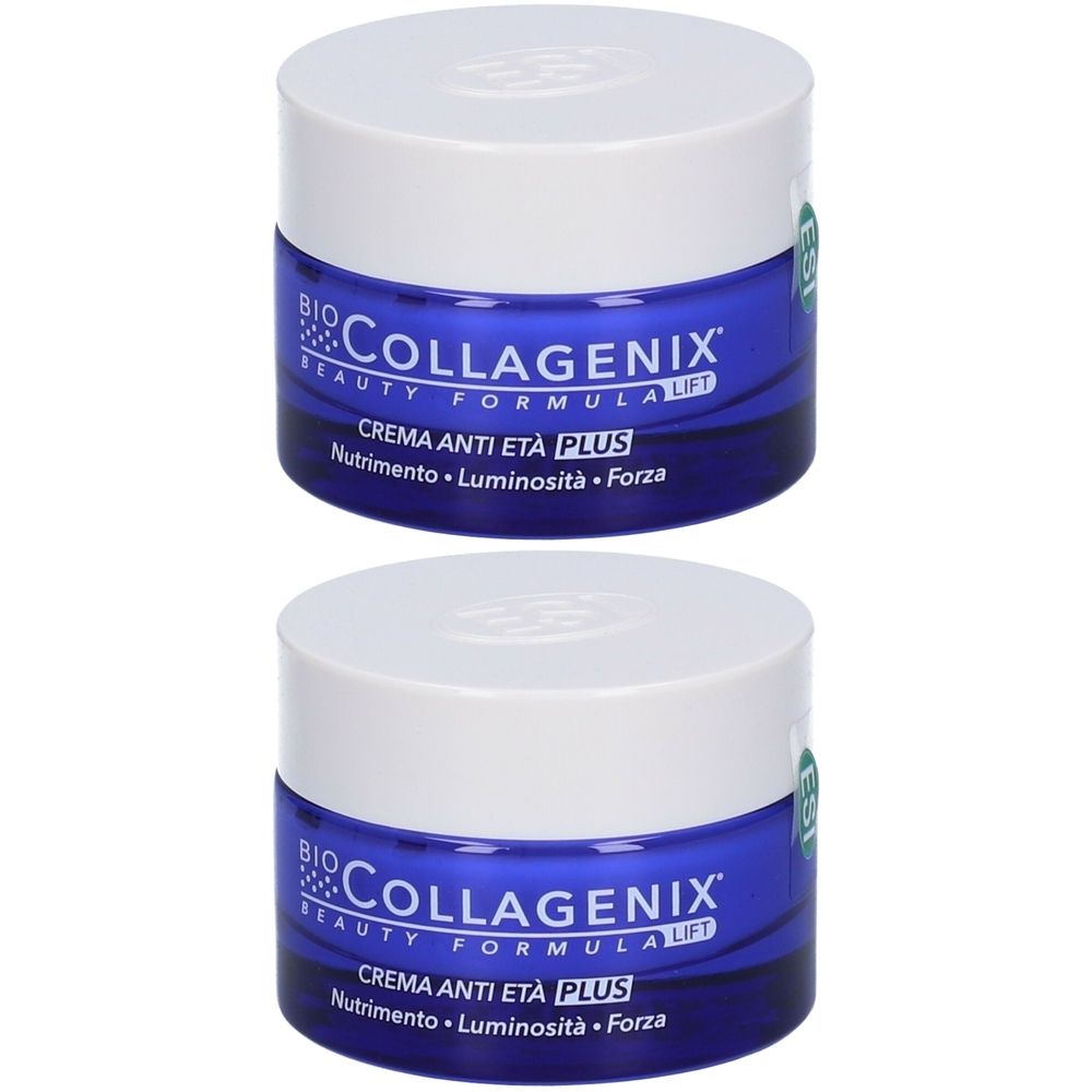 Zwei Tiegel mit weißem Deckel und blauem Behälter. Aufschrift: Bio Collagenix, Crema Anti Età Plus. Grün-weißer Aufkleber.