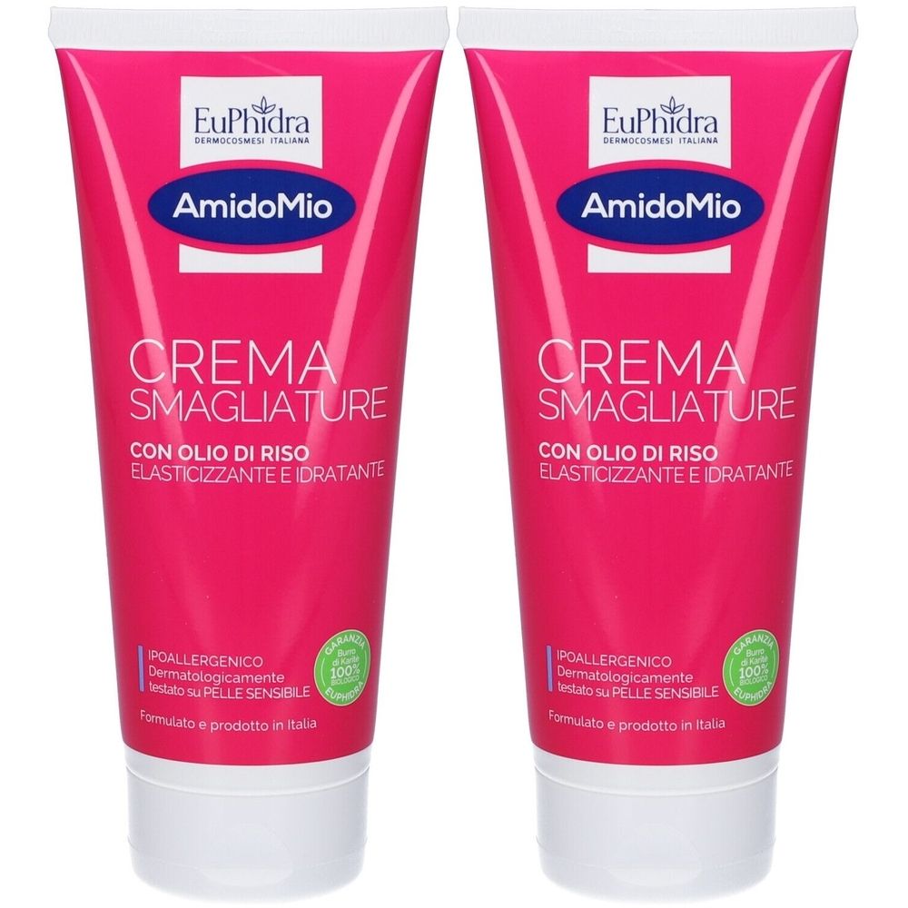 Zwei rosa Schachteln mit Produktaufschrift "EuPhidra AmidoMio Crema corpo SMAGLIATURE". Text: "con olio di riso e acido jaluronico".