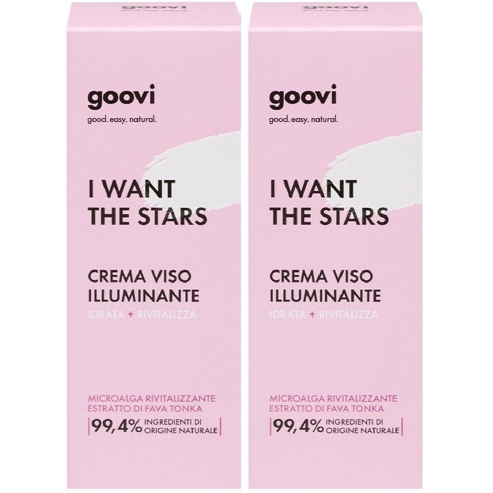 Zwei rosa Verpackungen mit Produktnamen und Text. Aufschrift: Goovi, I Want The Stars, Crema Viso Illuminante.