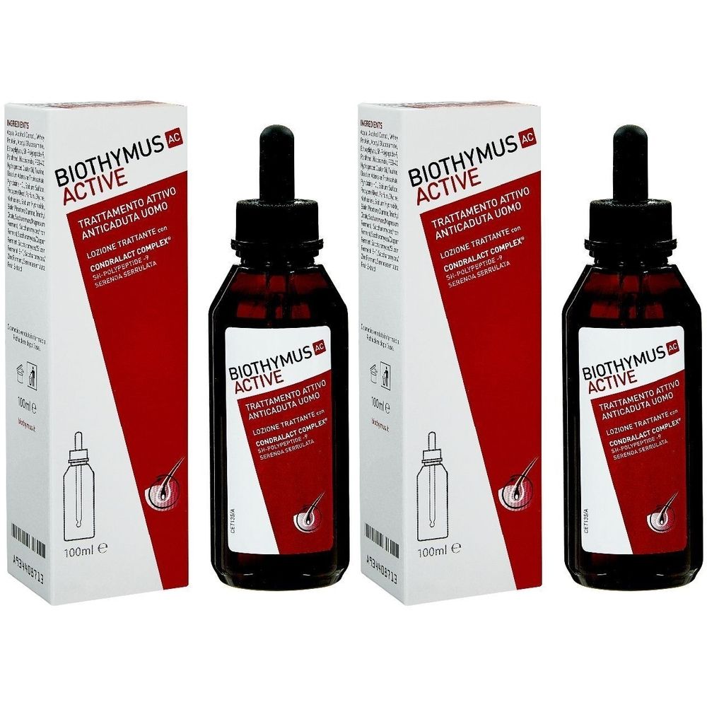 Deux flacons et emballages. Inscription: BIOTHYMUS ACTIVE, Trattamento Attivo Anticaduta Uomo. Flacons avec bouchon noir.