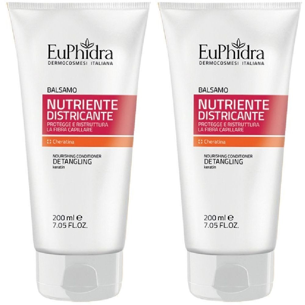 Deux tubes blancs avec bande rouge. Texte: EuPhidra, Balsamo Nutriente Districante, 200 ml. Nourishing Conditioner Detangling.