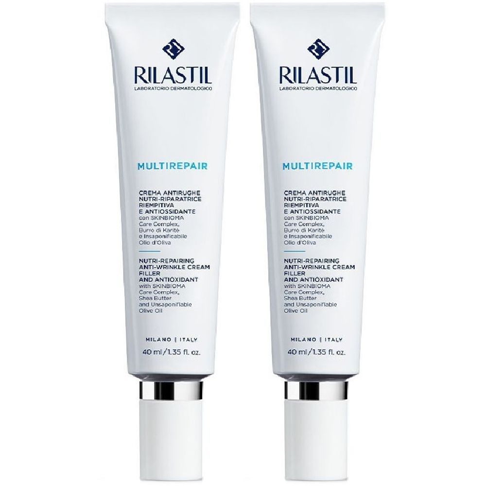 Deux tubes de crème. Inscription: Rilastil, Multirepair. Texte en italien et en anglais. 40 ml.