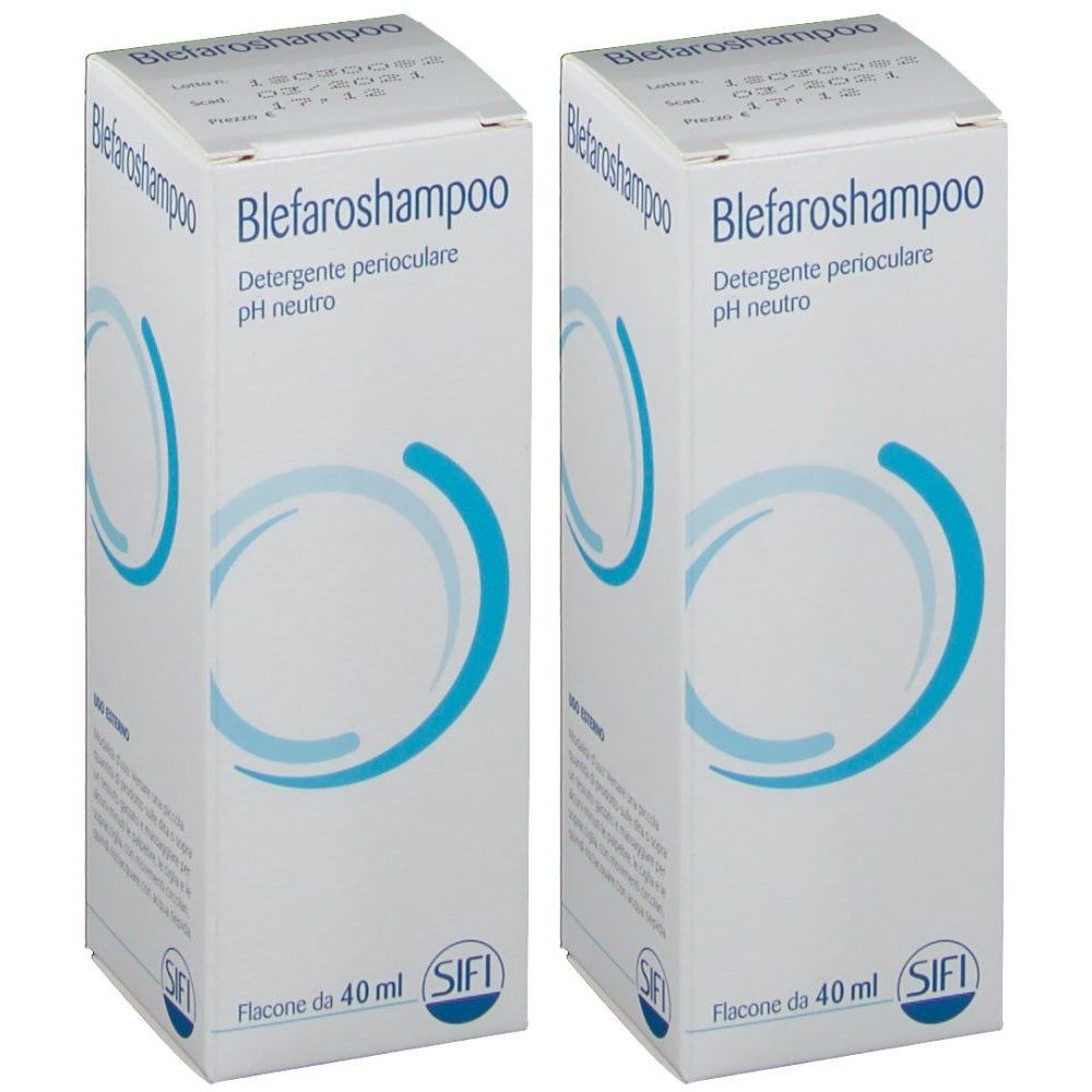 Deux boîtes blanches avec graphiques bleus et texte. Inscription: Blefaroshampoo, Detergente perioculare pH neutro. Marque SIFI.