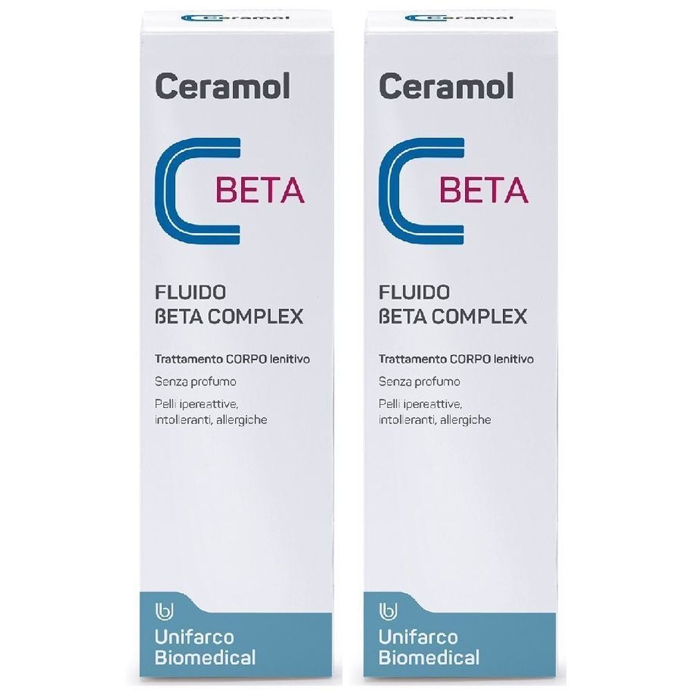 Deux boîtes blanches Ceramol. Texte: C Beta, Fluido Beta Complex, Trattamento CORPO lenitivo, Unifarco Biomedical. Sans parfum.