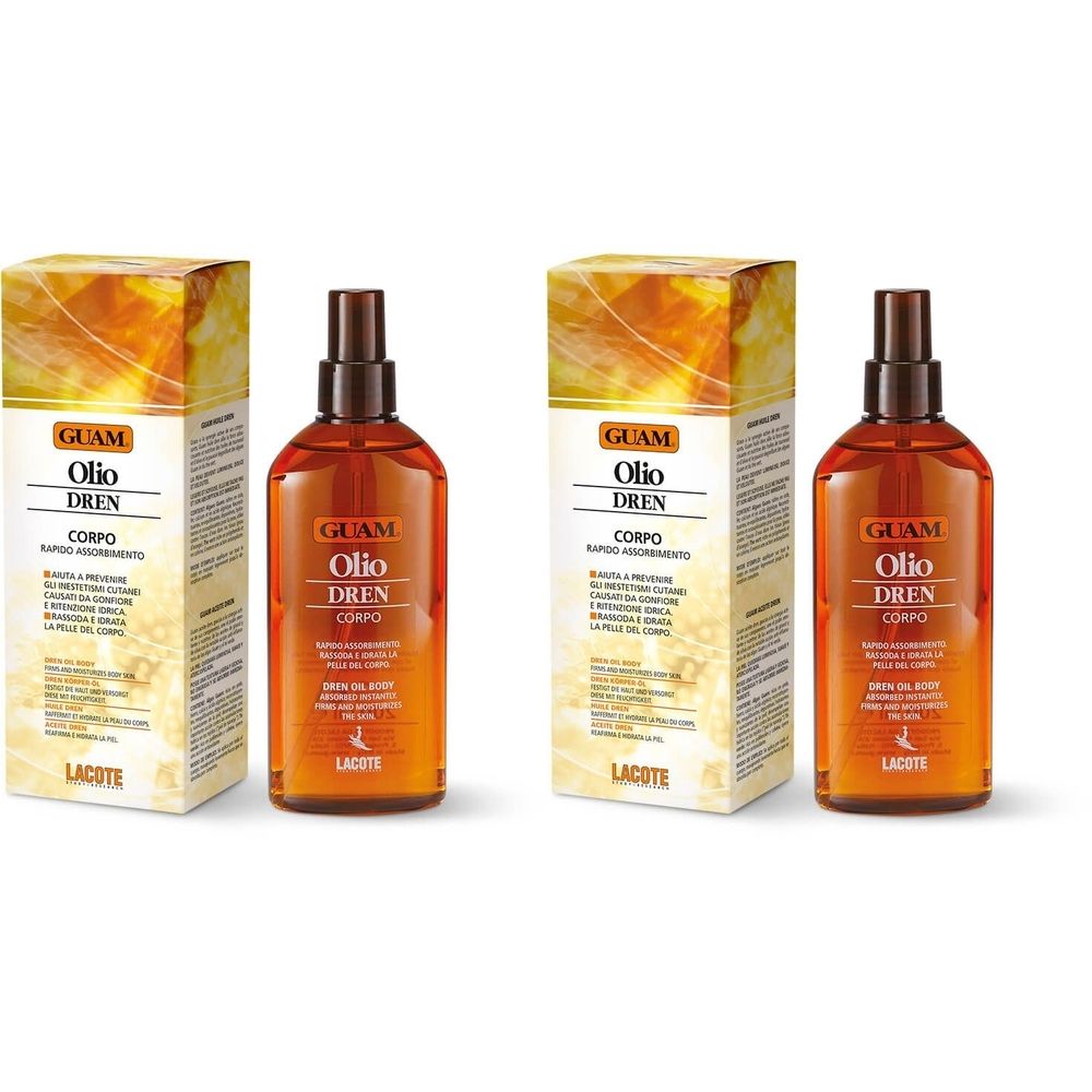 Zwei Flaschen und Verpackungen. Aufschrift: GUAM Olio Dren Corpo. Braune Flaschen mit Sprühkopf. Gelb-weiße Verpackung.