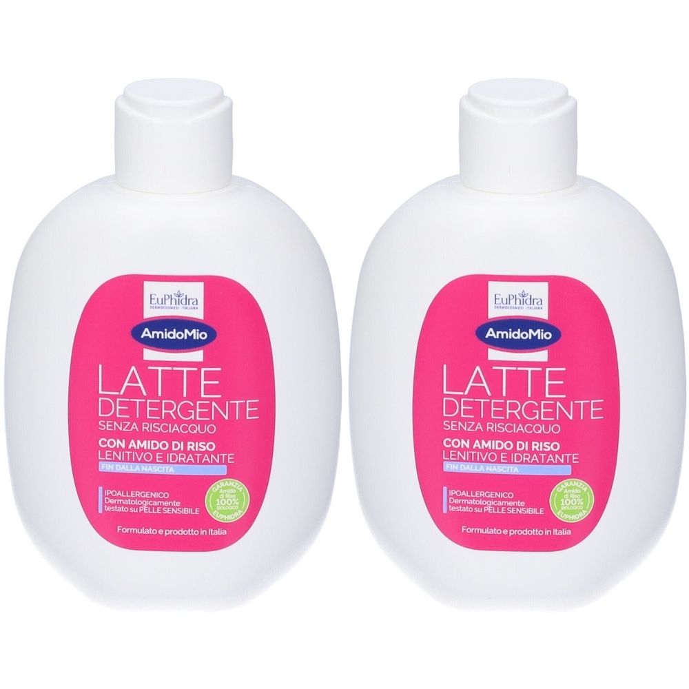 Deux flacons blancs avec étiquette rose. L'étiquette indique "LATTE DETERGENTE" et "AmidoMio".