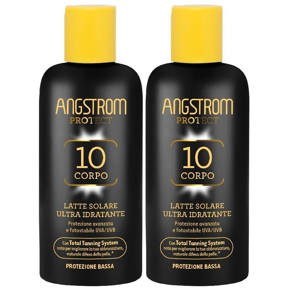 Zwei schwarze Flaschen mit gelbem Deckel. Aufschrift: Angstrom Protect 10 Corpo, Latte Solare Ultra Idratante. Schutzfaktor 10.