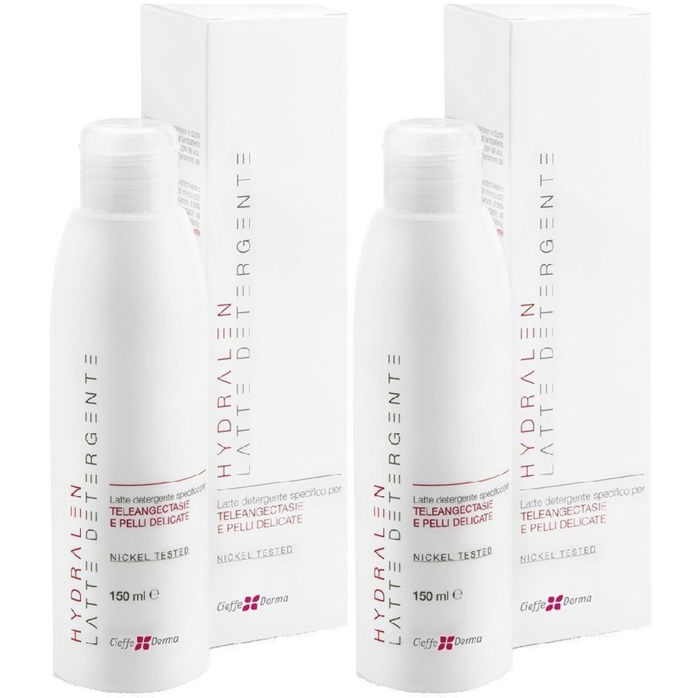 Deux flacons blancs et deux boîtes blanches. Sur les flacons, on lit "HYDRALEN LATTE DETERGENTE". Sur les boîtes, "TELEANGECTASIE E PELLI DELICATE".
