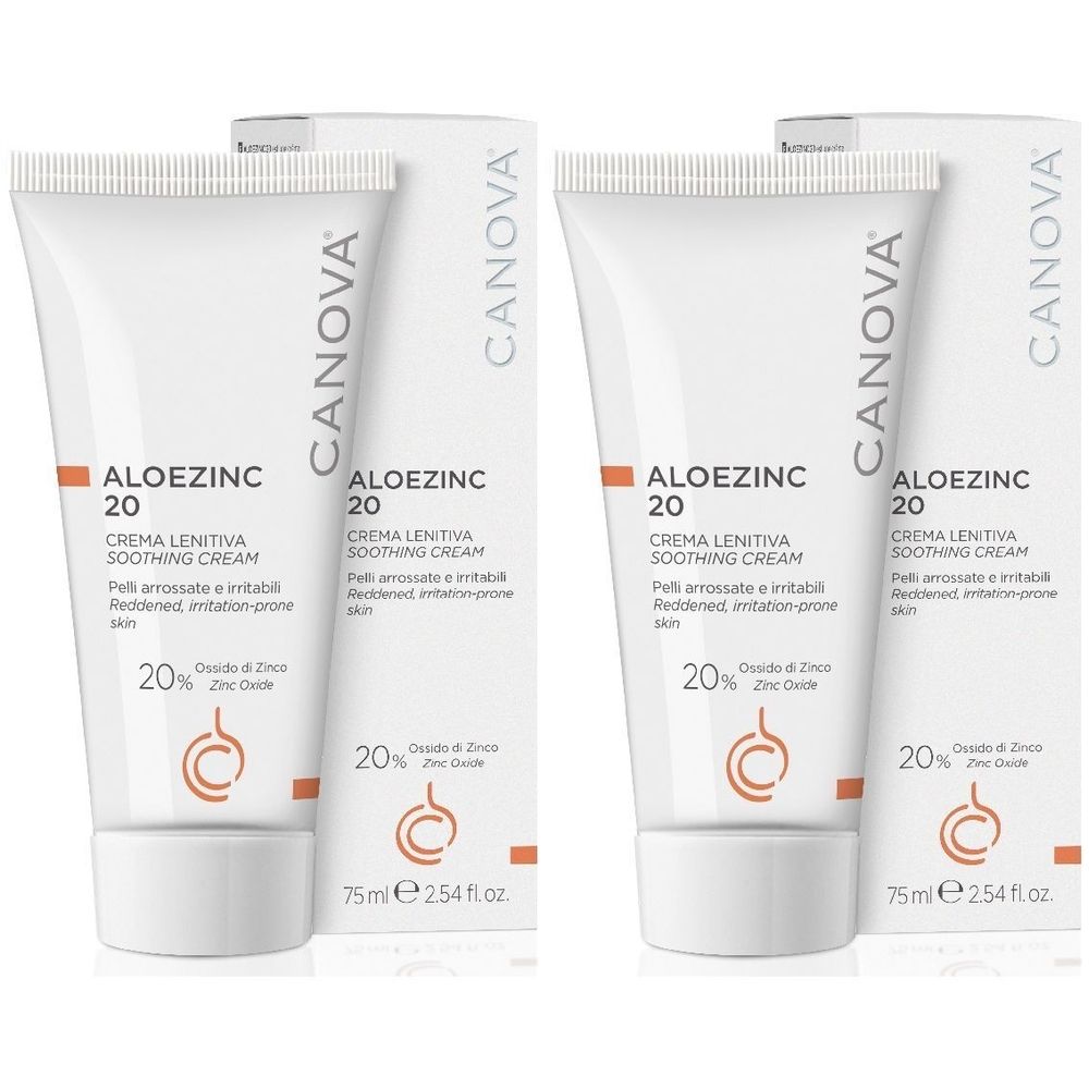 Deux tubes et emballages. Inscription: ALOEZINC 20, crème, 20% oxyde de zinc. Marque: CANOVA.