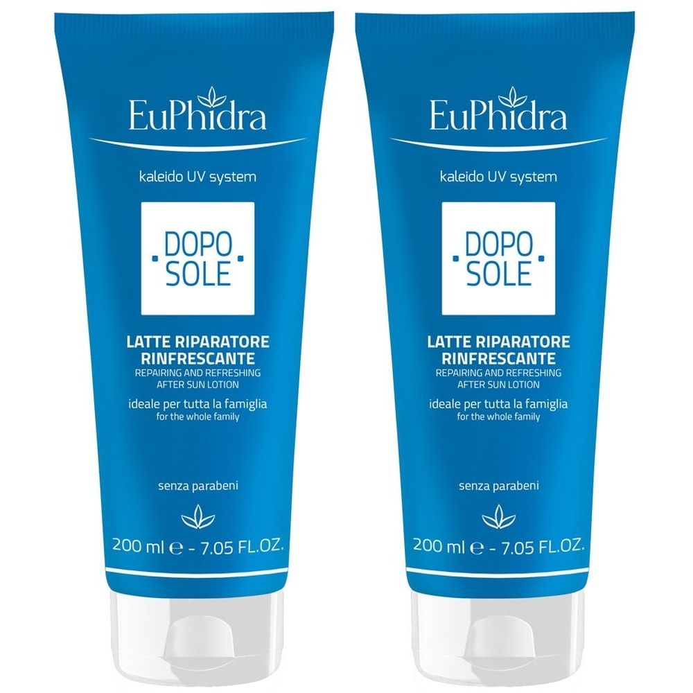Deux tubes bleus avec bouchon blanc. Inscription: EuPhidra, Doposole, Latte Riparatore Rinfrescante. 200 ml.