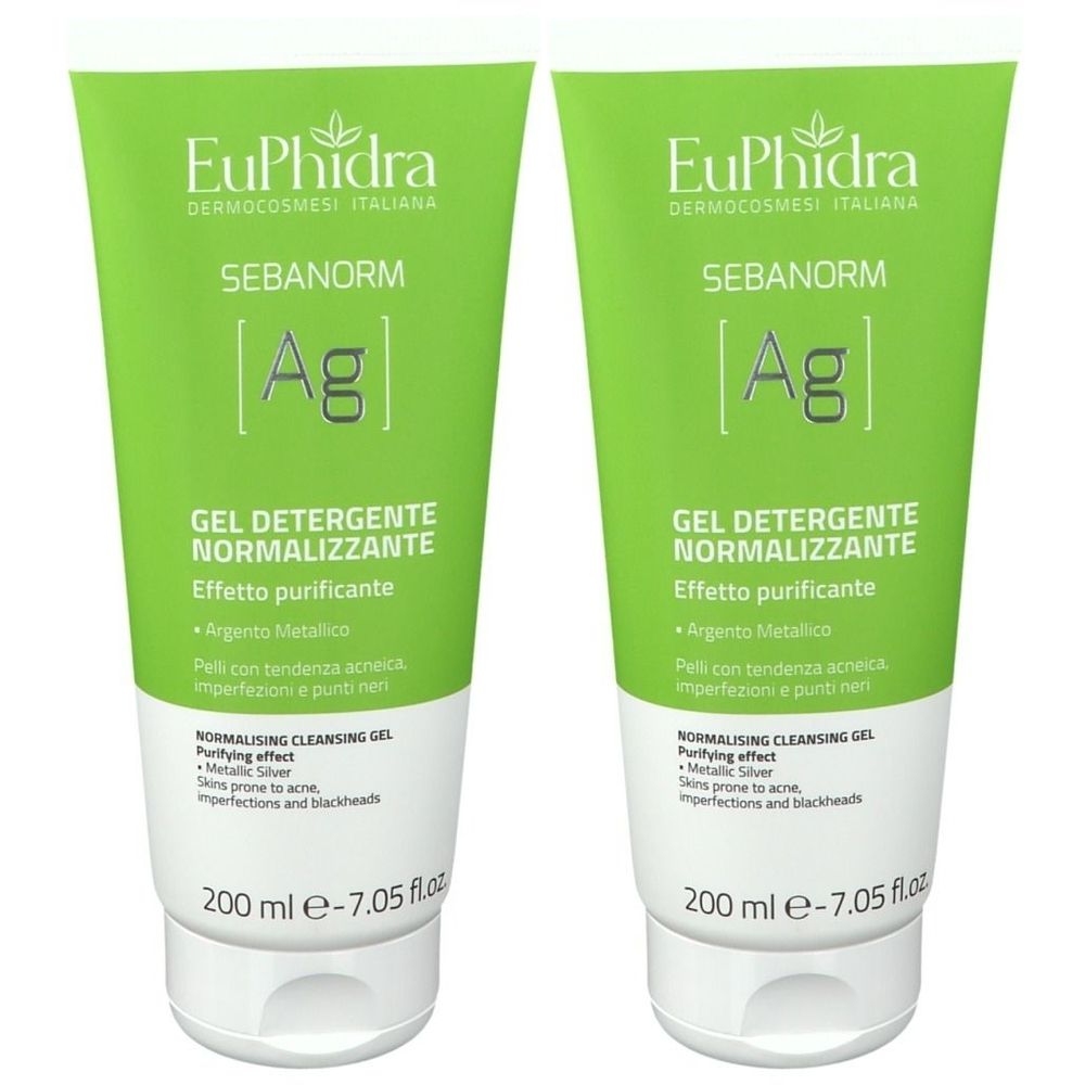 Deux tubes verts EuPhidra SEBANORM Gel Detergente. Inscription: GEL DETERGENTE NORMALIZZANTE, 200 ml.