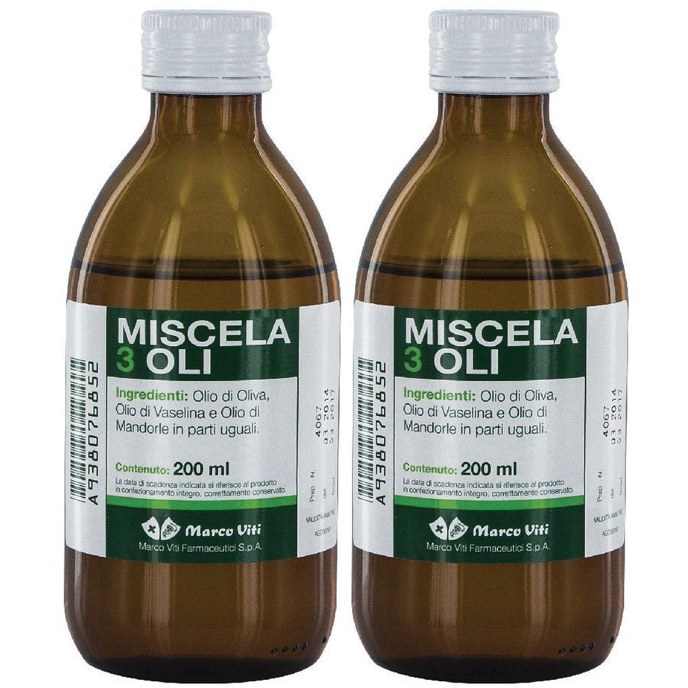 Deux flacons en verre brun avec bouchons blancs. Étiquettes avec "MISCELA 3 OLI" et "Marco Viti".